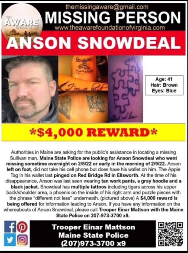 Anson Snowdeal Missing Ellsworth, Maine State Police In Search Of Missing Person