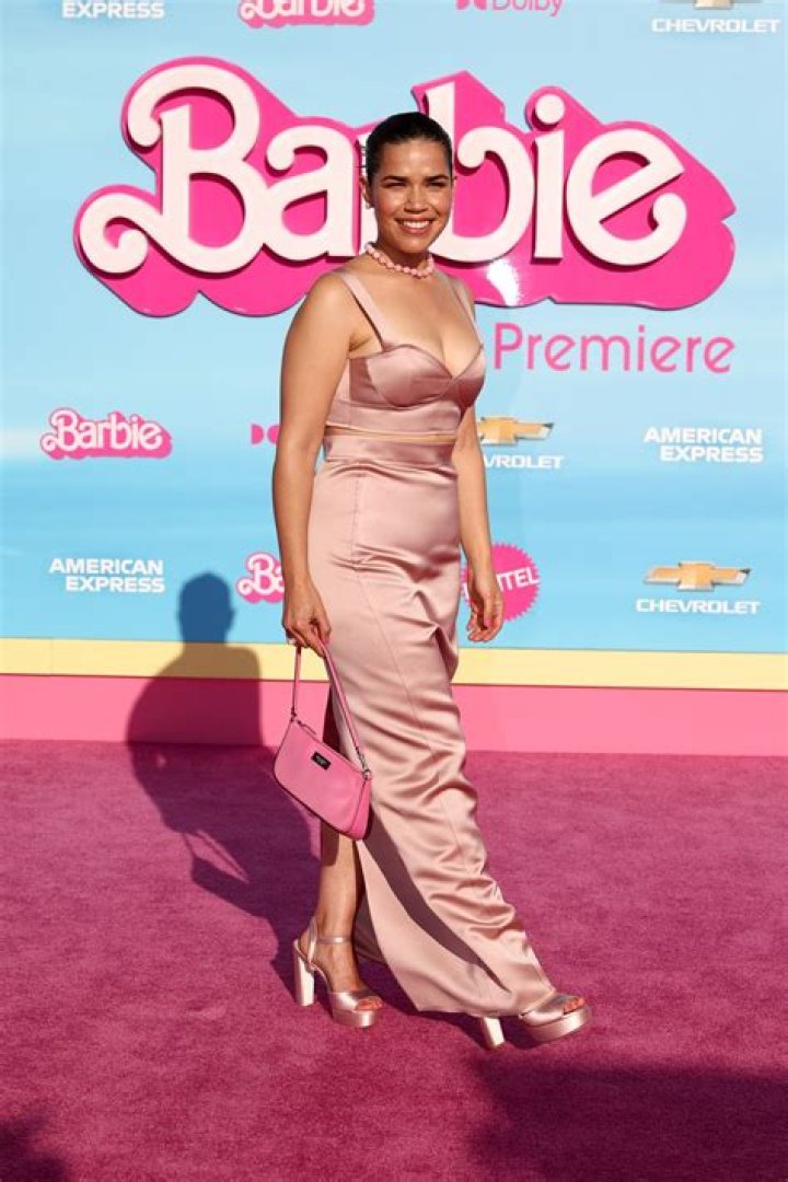 Barbie's America Ferrera highlights curves in waist-cinching pink outfit