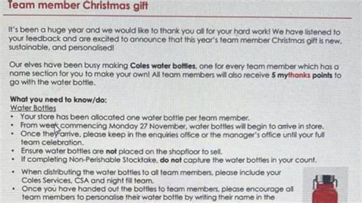 Coles slammed for giving Christmas gift of branded water bottle, mythanks points to retail staff