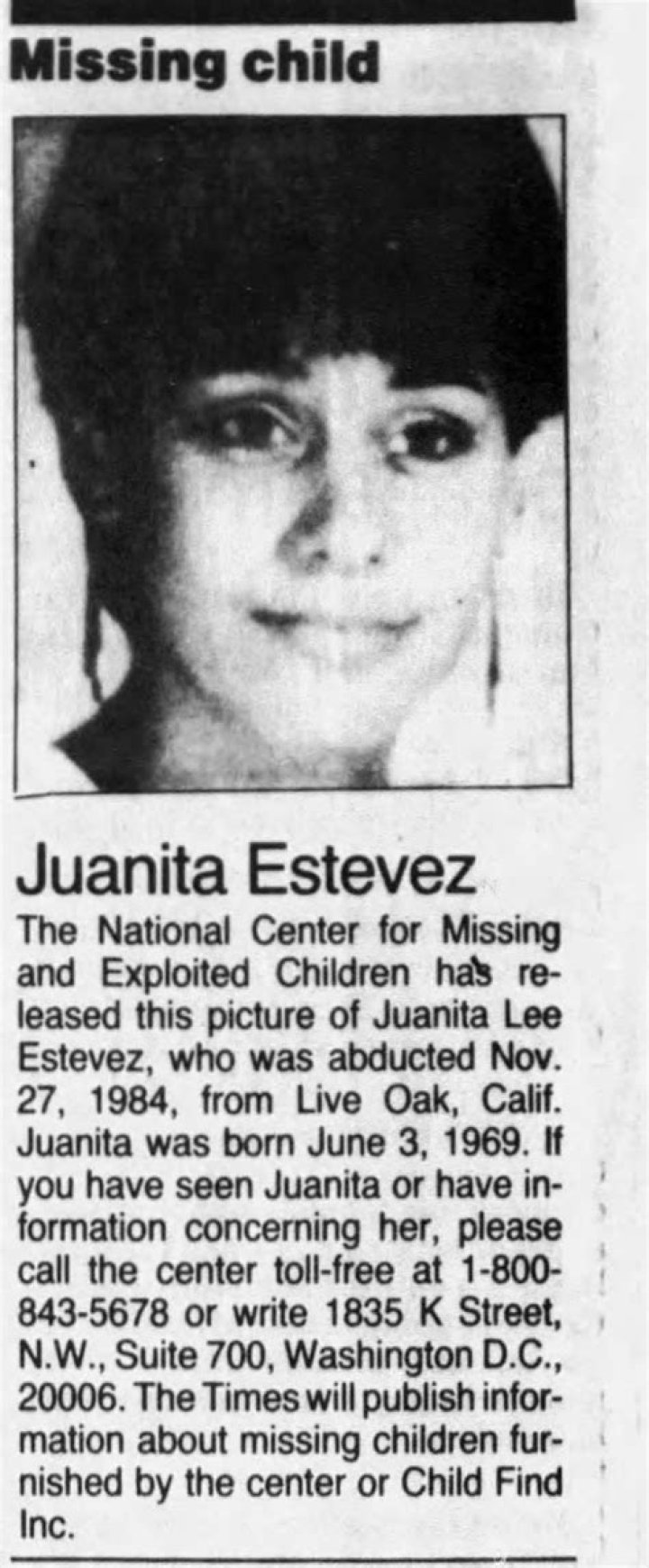 Juanita Rafaela Estevez Missing Person, Wikipedia, Police Searching